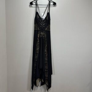 Bebe Y2K silk maxi dress lace‎ sweetheart asymmetric hem